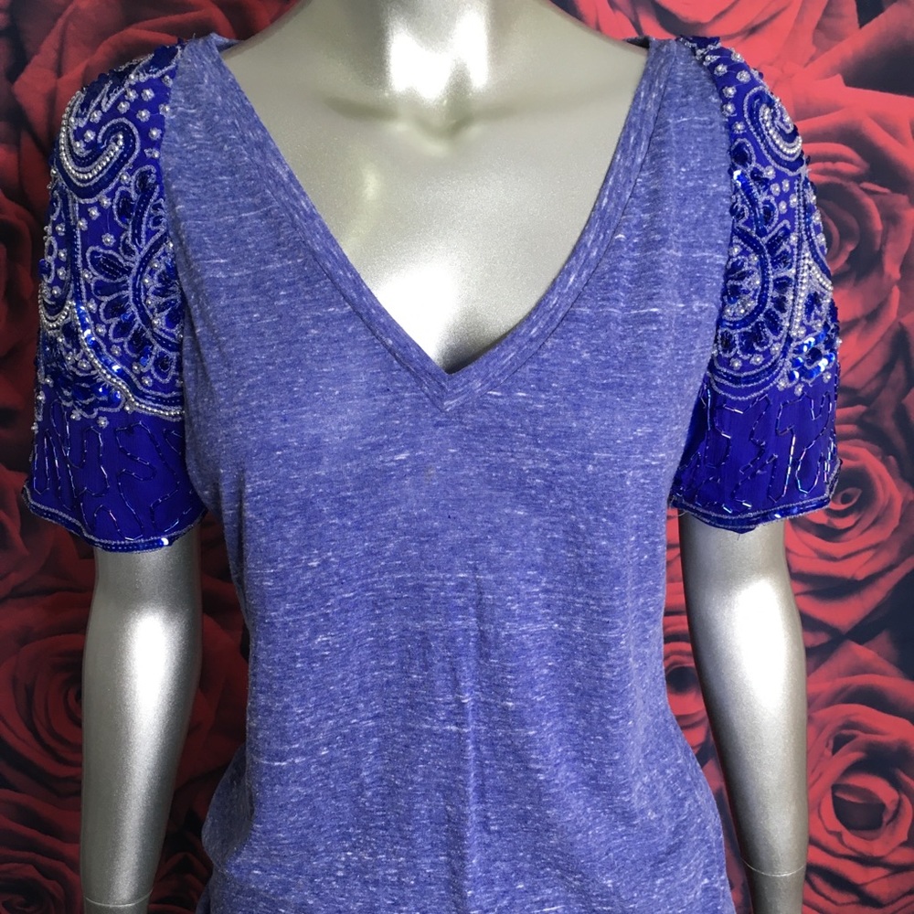 Random Star Couture Blue Embellished Sleeve Top